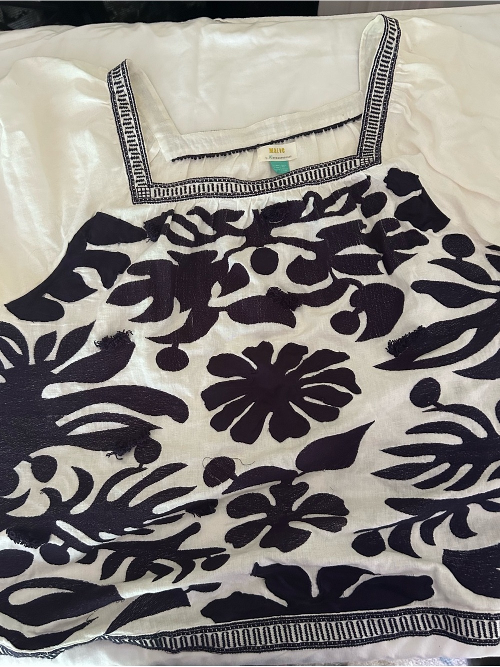 Anthropologie Maeve Navy & White Floral Linen Top